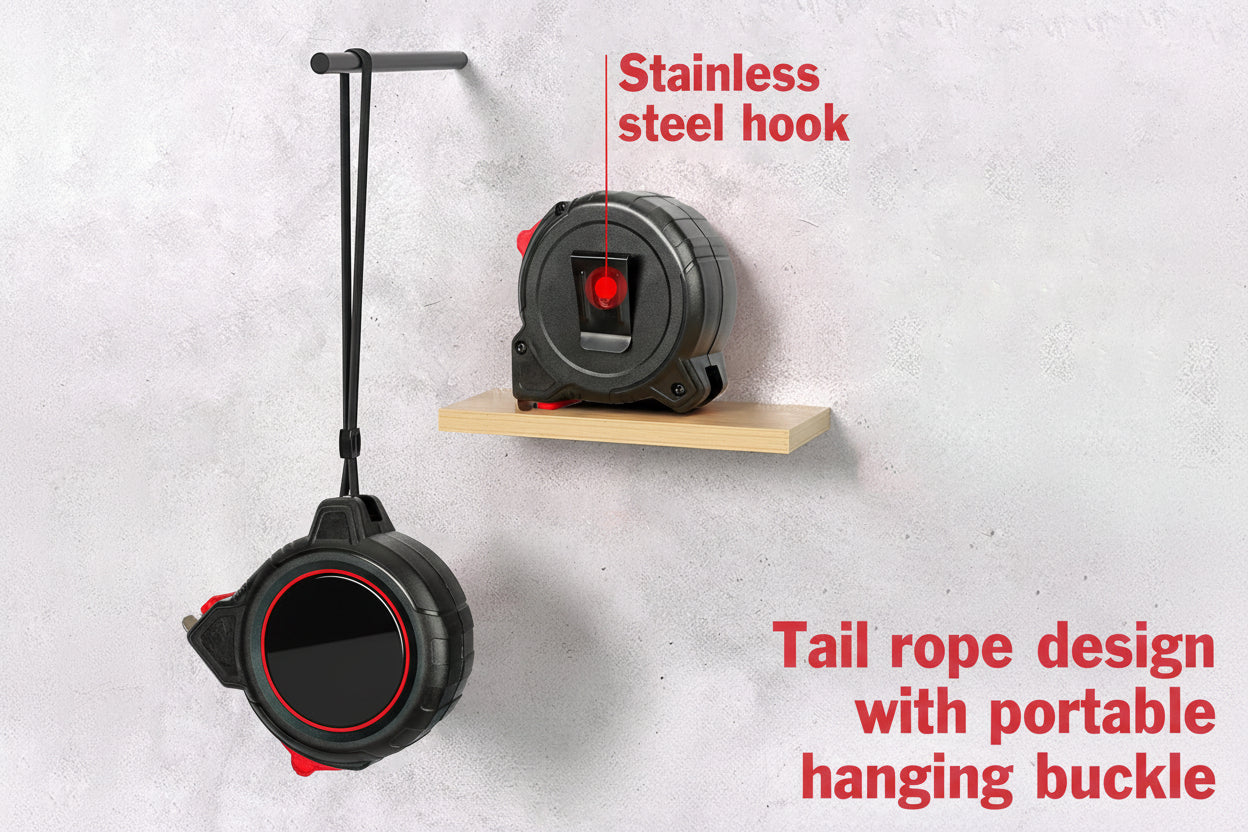 Retractable tape measure with stainless steel hook and tail rope design on a light gray background