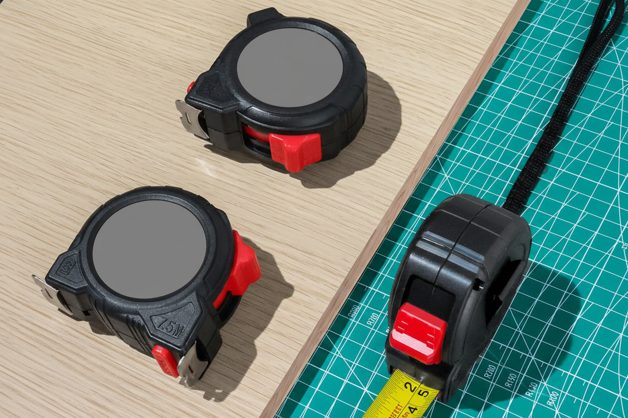 Two tape measures on a wooden surface and one on a green cutting mat.