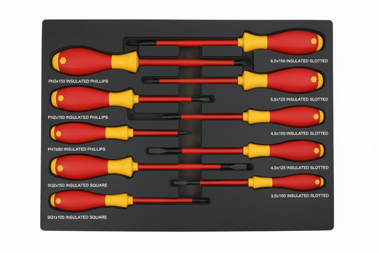 Set of screwdrivers with red and yellow handles on a black tray, featuring the Wiha brand.