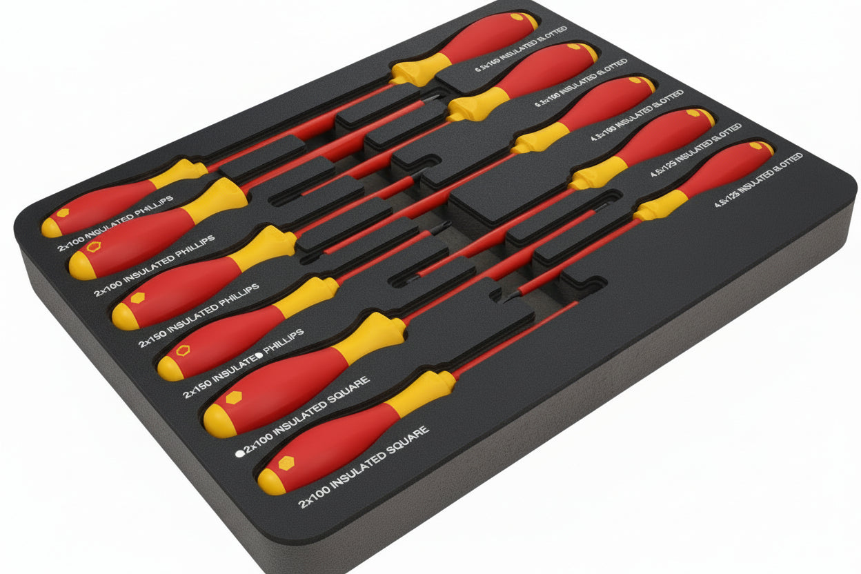 Set of Wiha screwdrivers in a black case on a white background