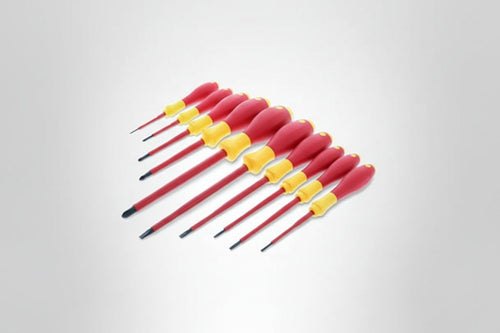Set of red and yellow screwdrivers with Wiha branding on a light gray background