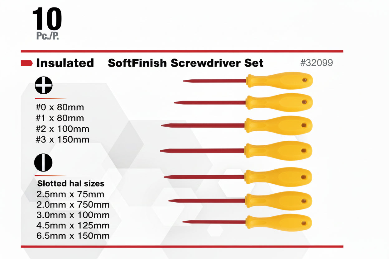 Wiha insulated softfinish screwdriver set packaging with tool illustrations and specifications.
