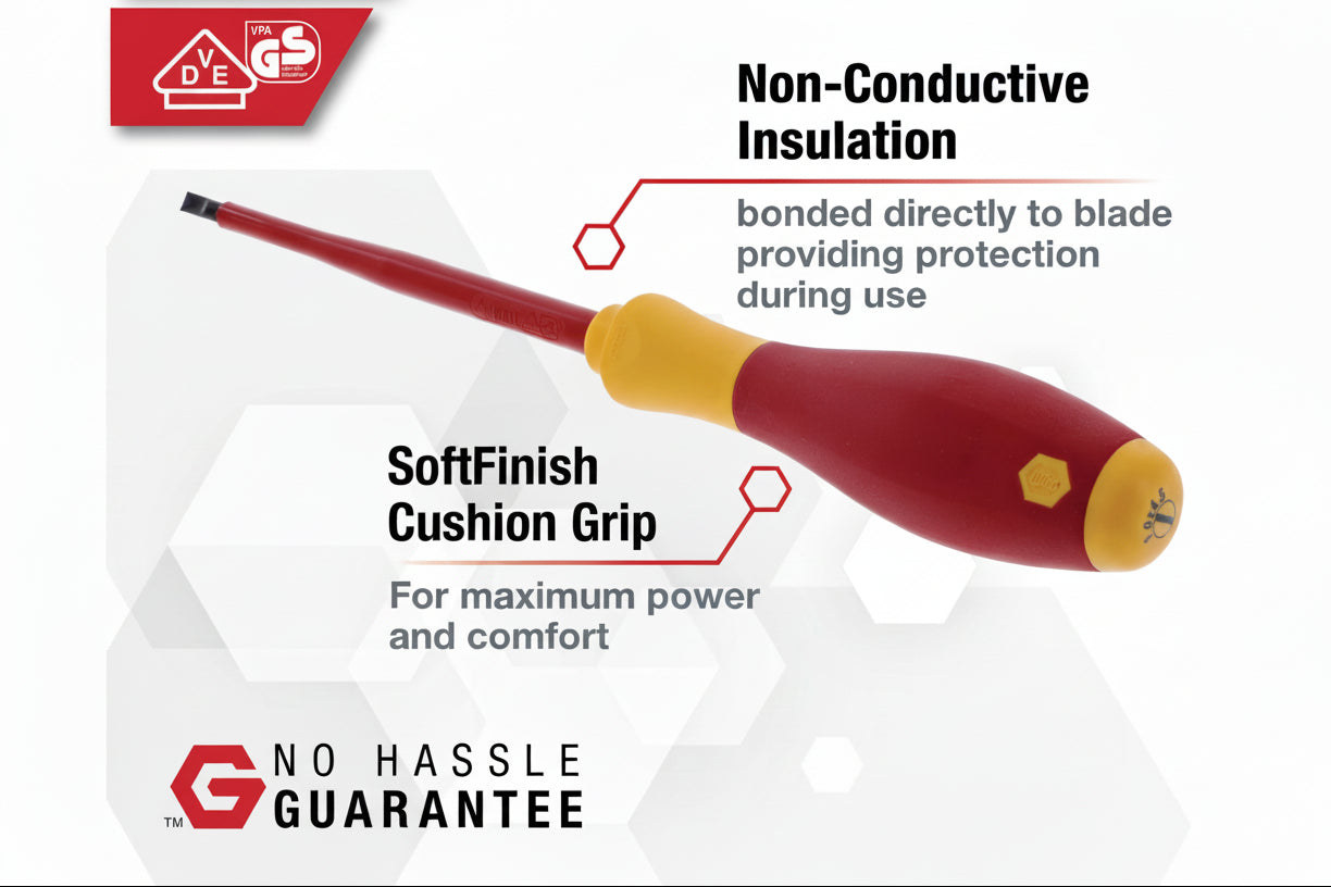 Wiha screwdriver with red and yellow handle on a white background