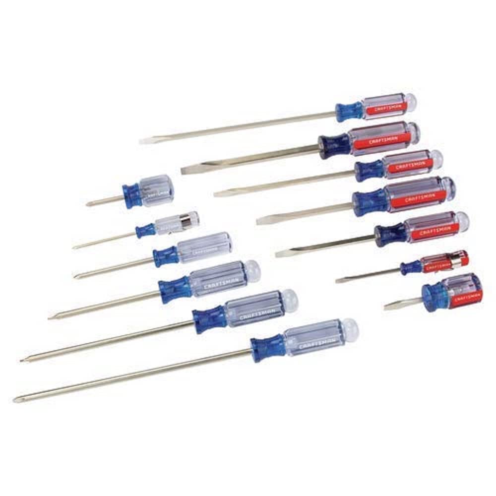 Set of screwdrivers with blue and red handles on a white background