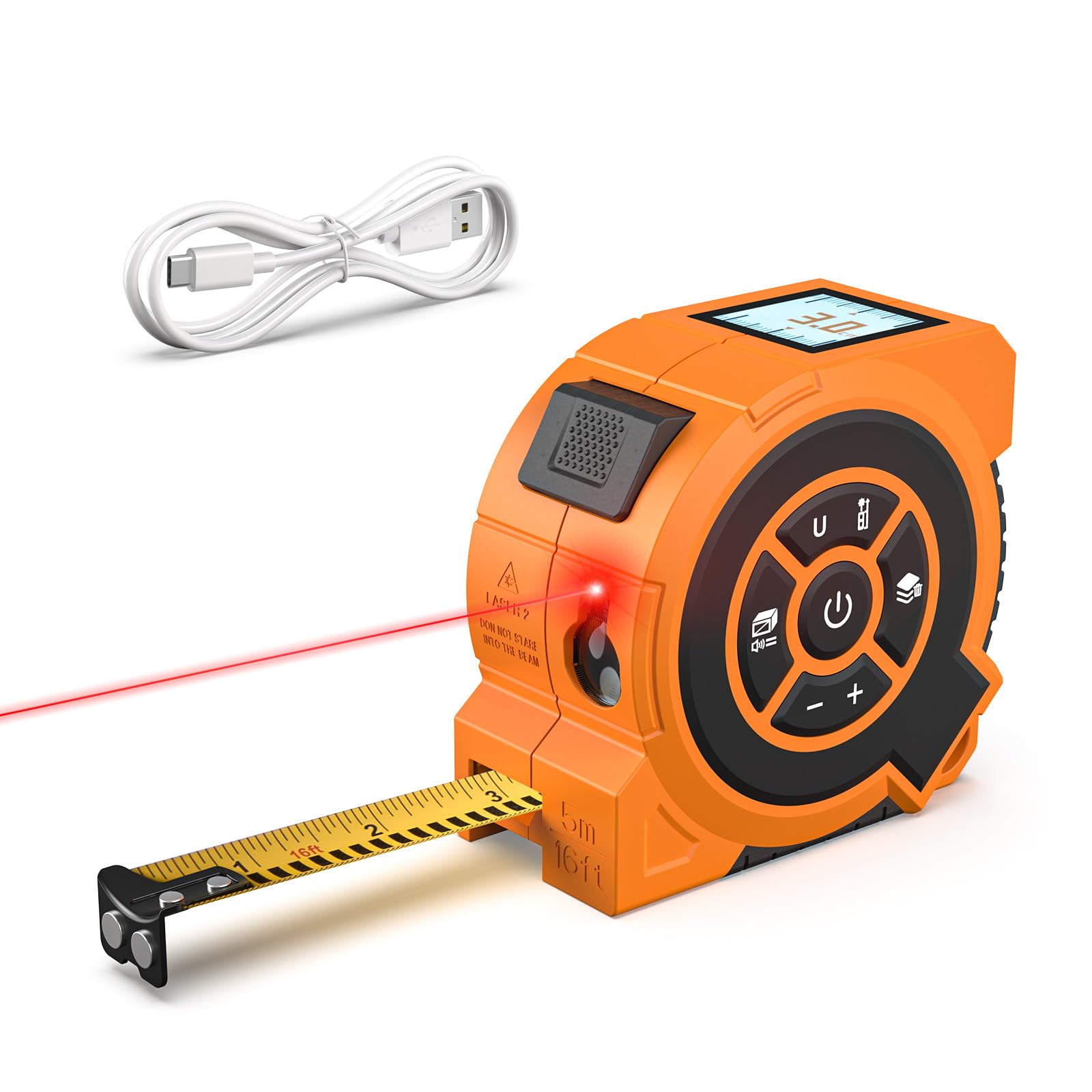 Orange digital tape measure with laser feature and USB cable on a white background